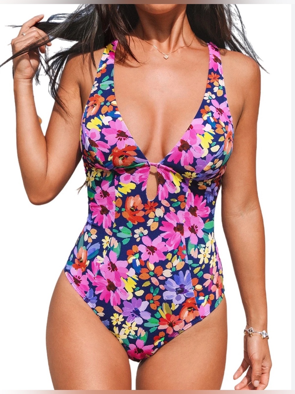 Cupshe Navy Floral V-Neck One-Piece Swimsuit